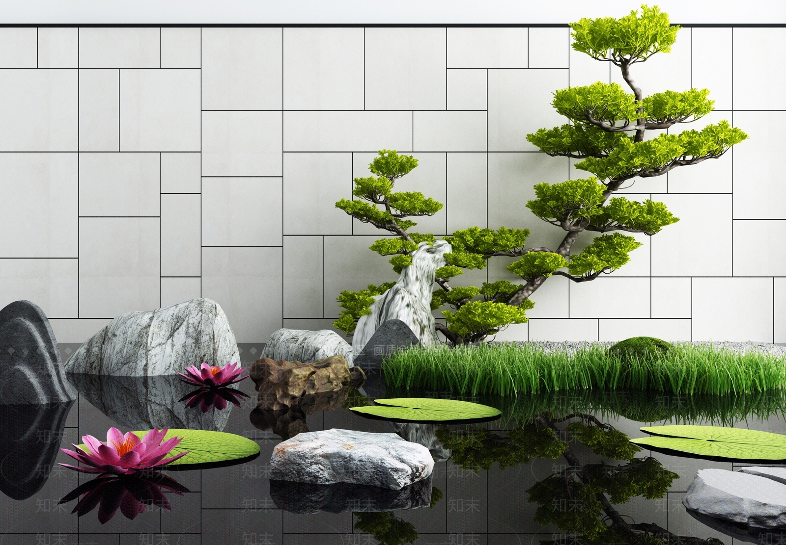 新中式水池小品3D模型下载【ID:1102144593】