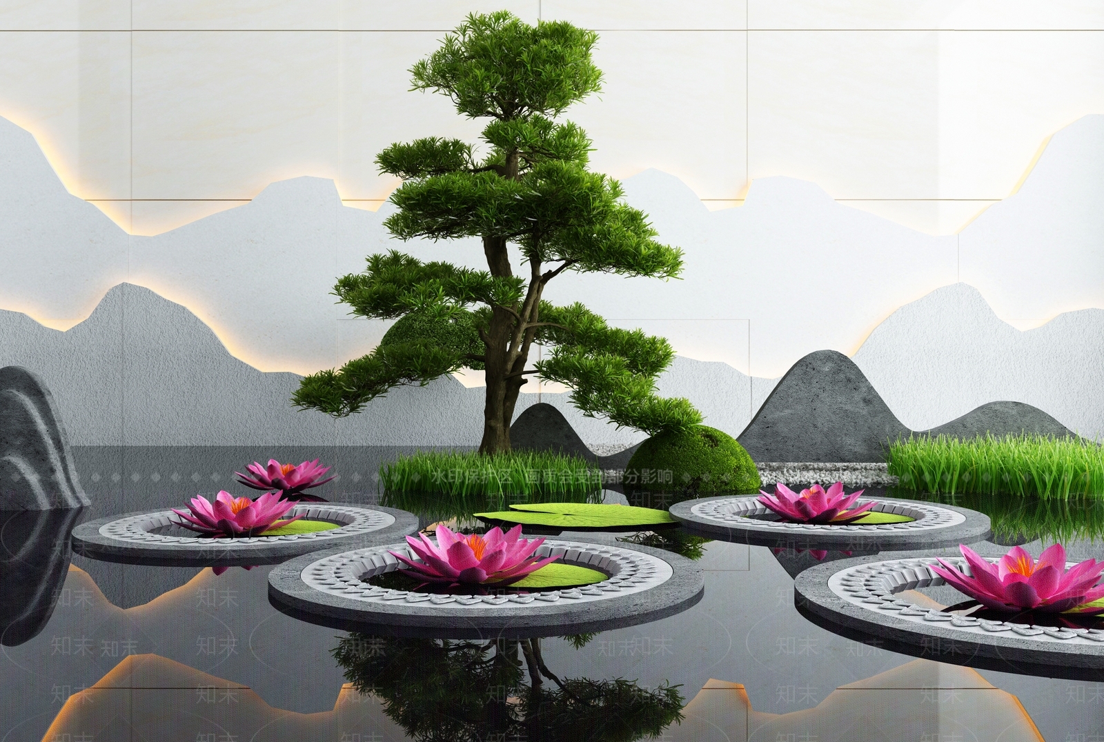 新中式水池小品3D模型下载【ID:1102144535】