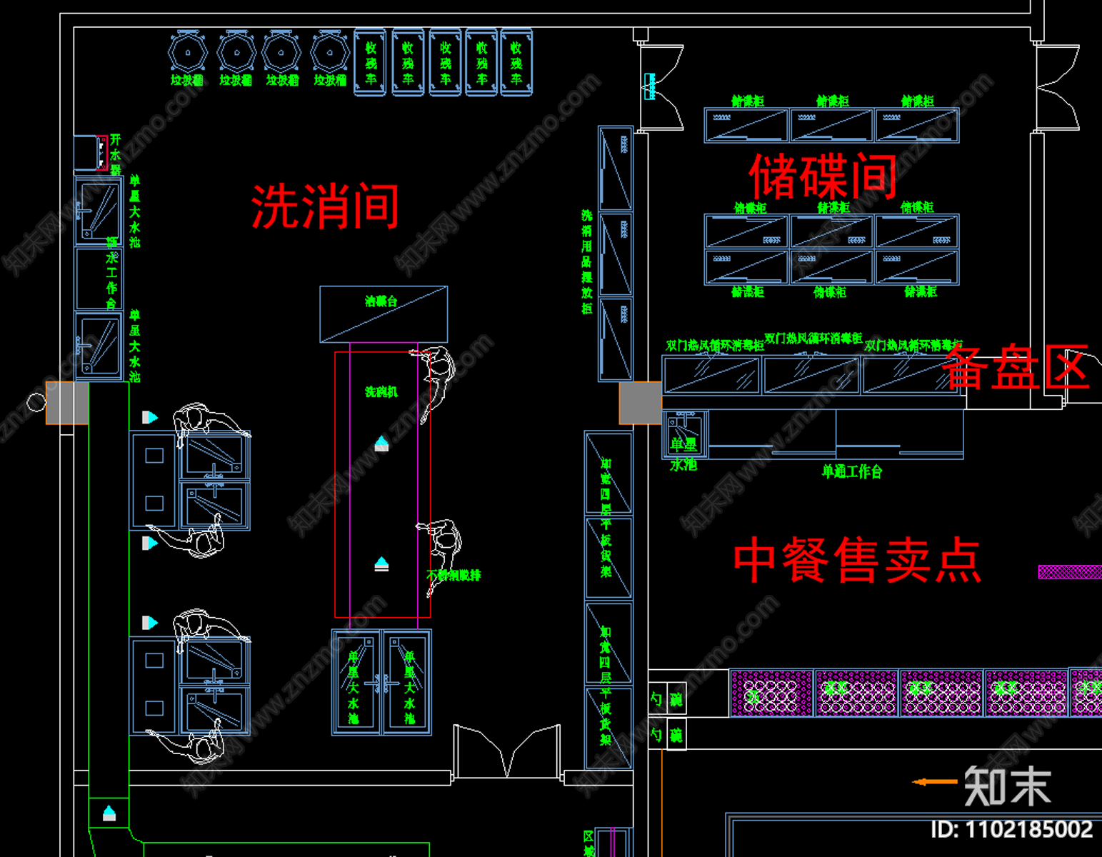 厨房后堂食堂设备平面CADcad施工图下载【ID:1102185002】