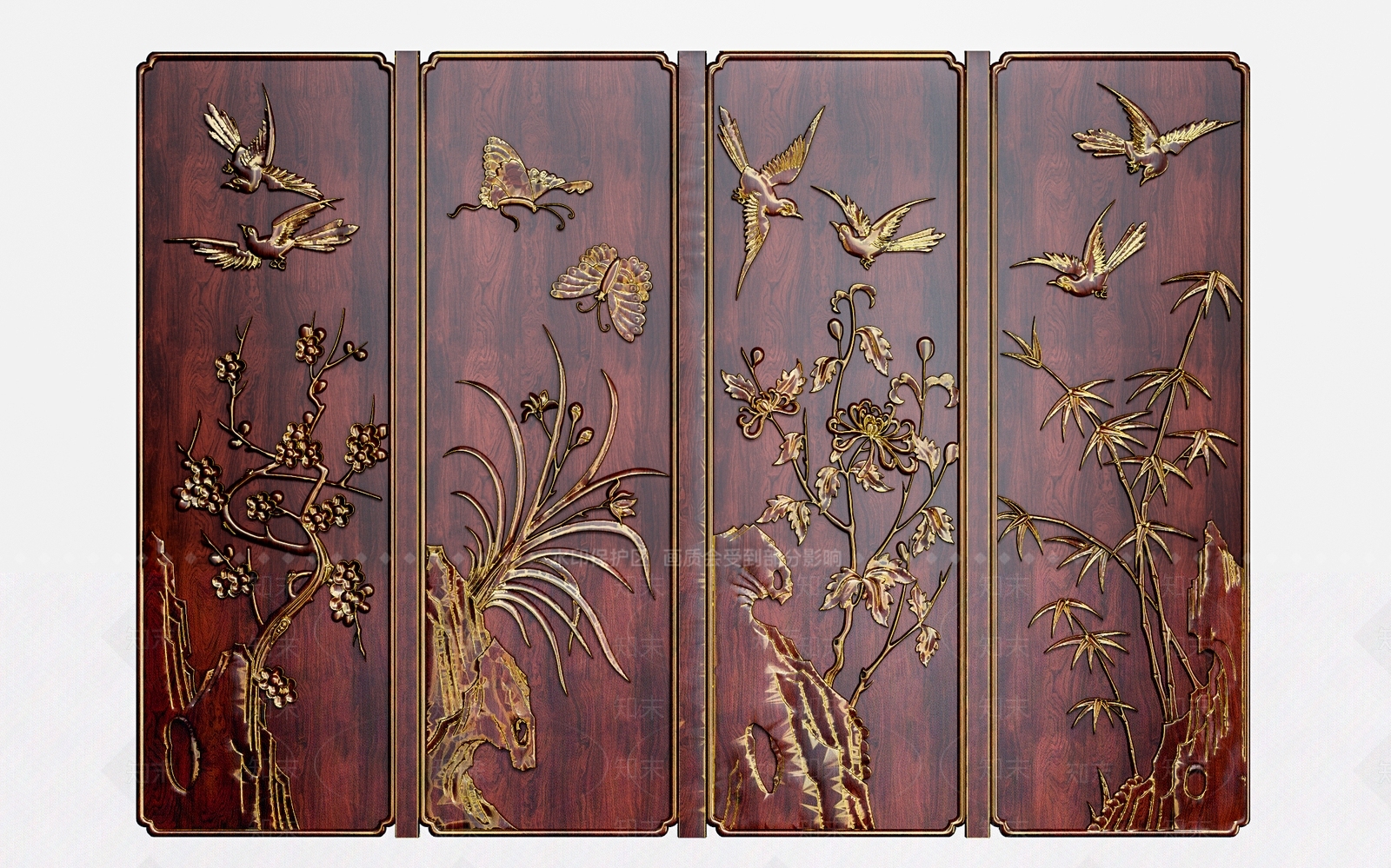 中式梅兰竹菊木浮雕背景3D模型下载【ID:1102185273】