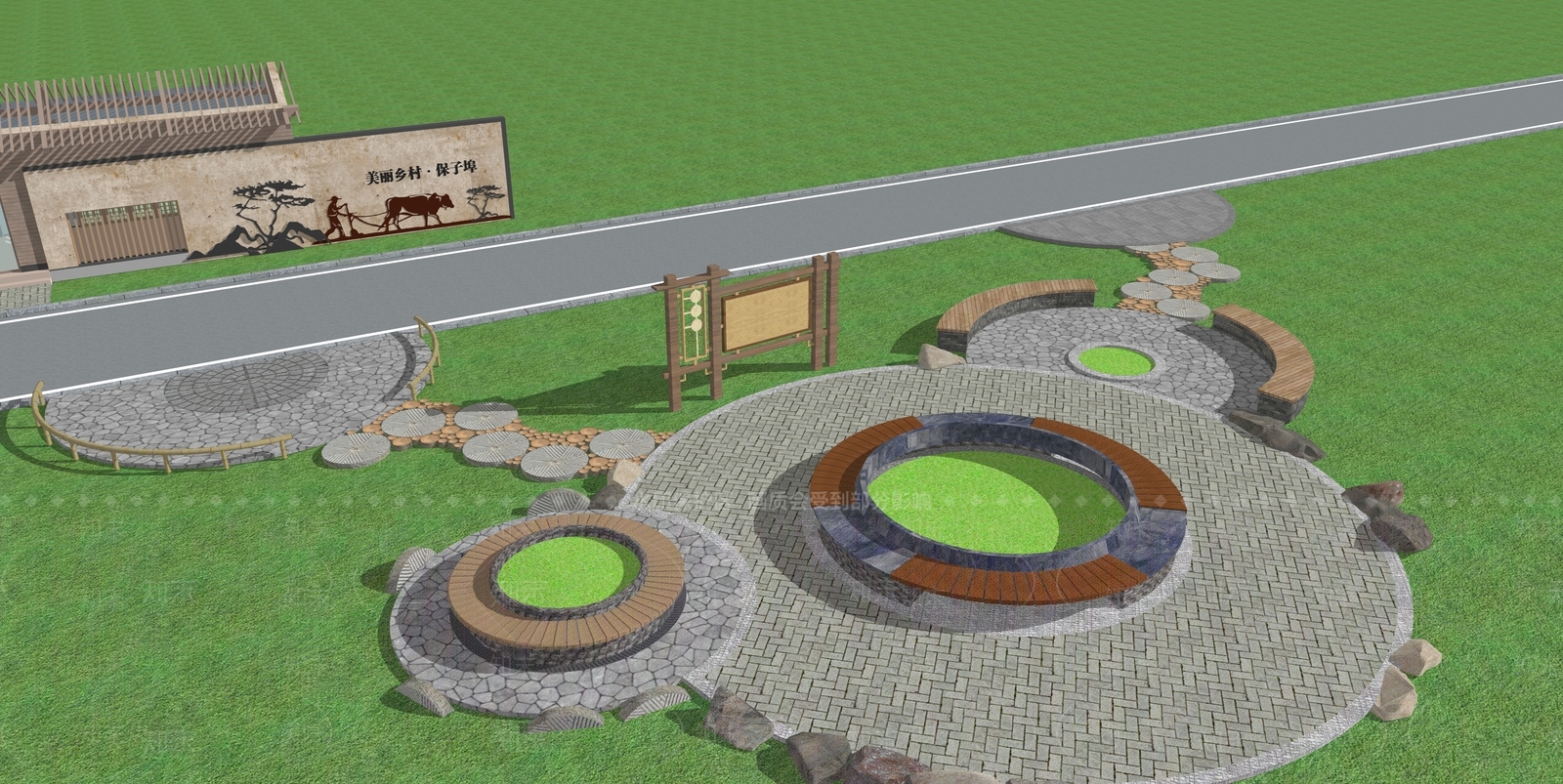 新中式公园景观SU模型下载【ID:1102191510】