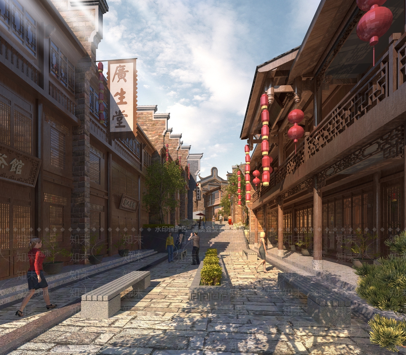 中式商业街建筑3D模型下载【ID:1102297122】