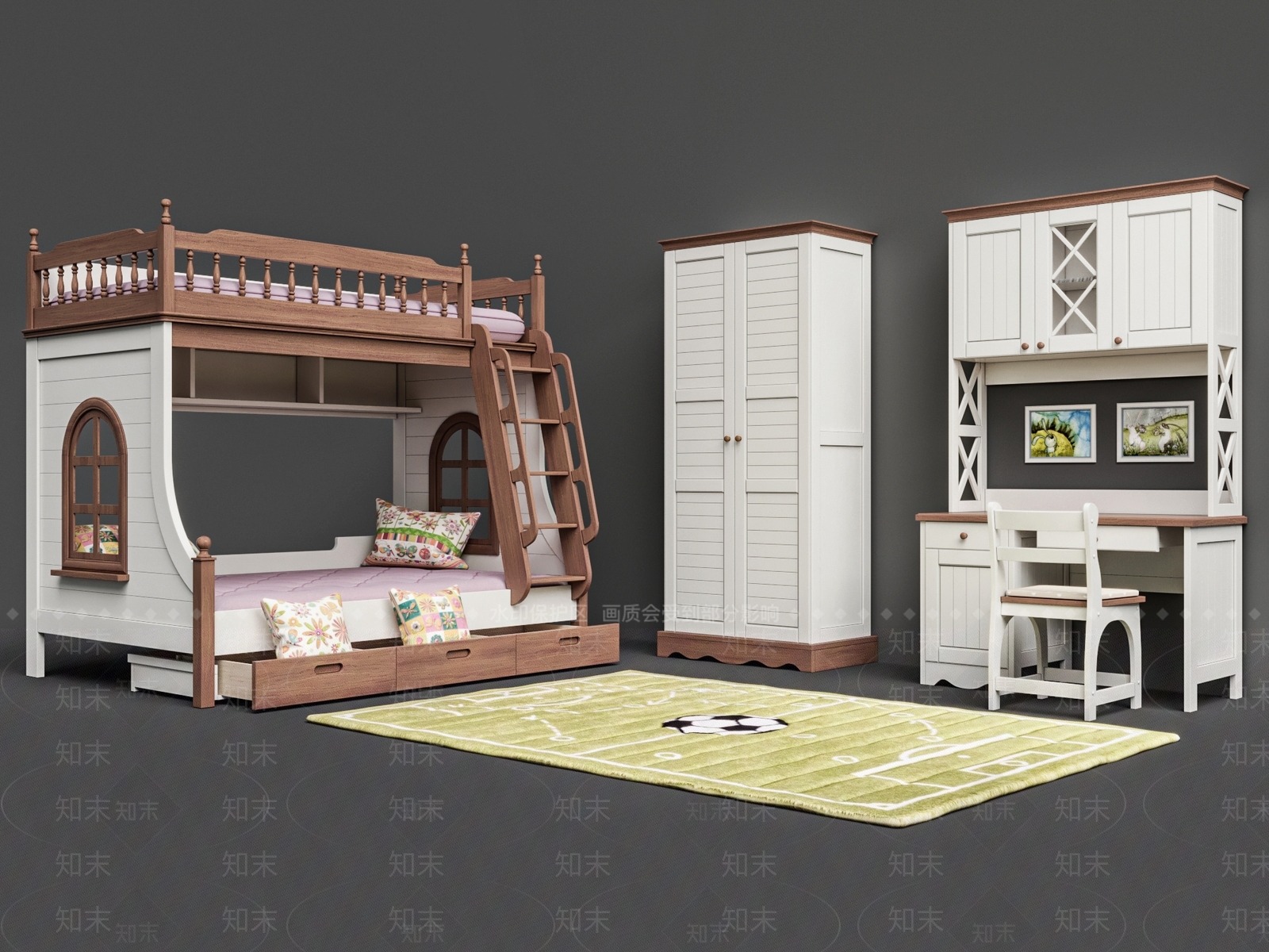 现代儿童双层床3D模型下载【ID:1102300276】