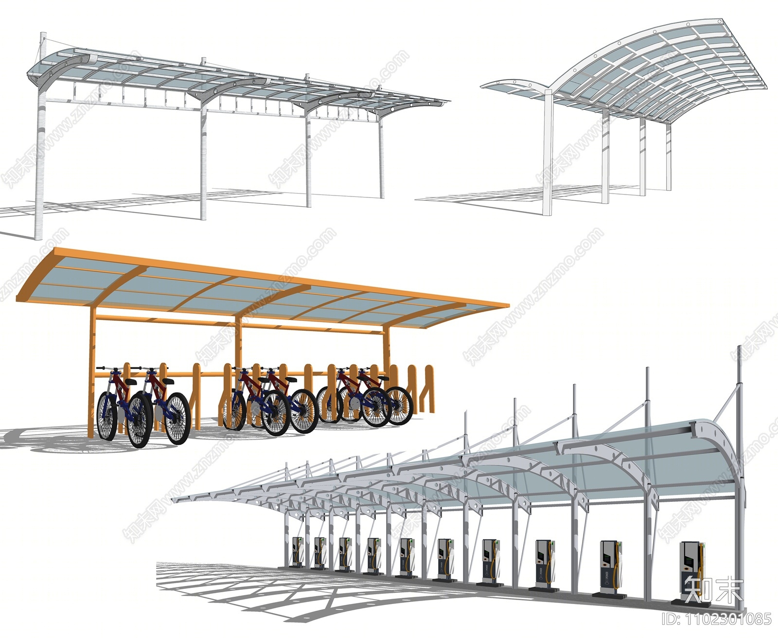 现代非机动车停车棚SU模型下载【ID:1102301085】