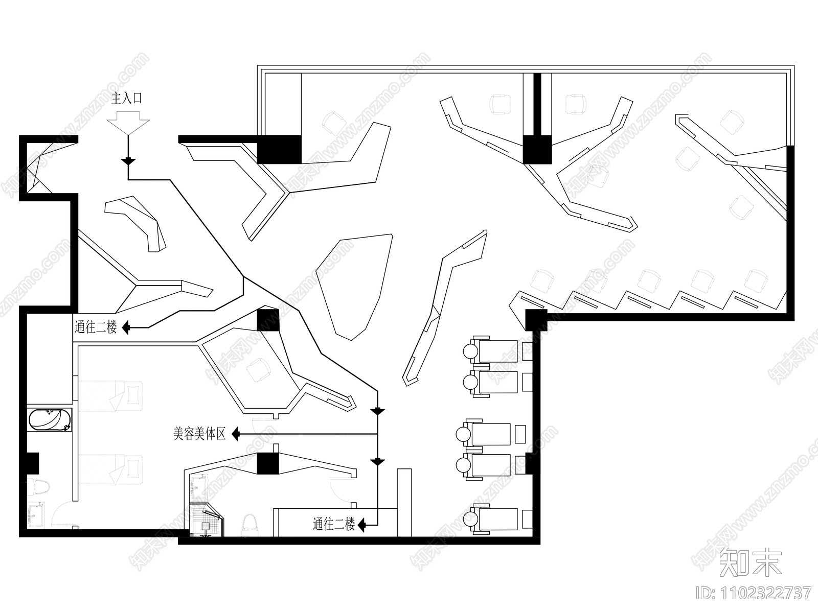 网红美容美发店平面布置图cad施工图下载【ID:1102322737】