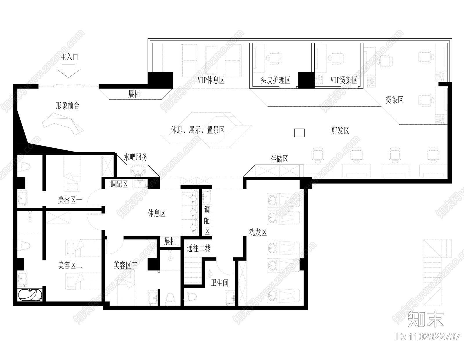 网红美容美发店平面布置图cad施工图下载【ID:1102322737】