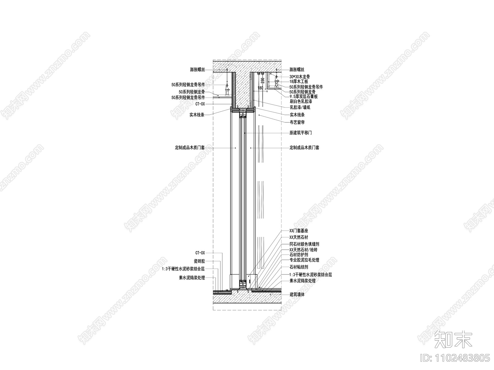 室内建筑门窗移门包覆做法剖面大样图施工图下载【ID:1102483805】