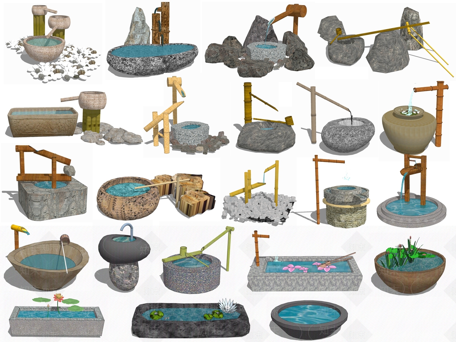 新中式景观水池SU模型下载【ID:1102522896】