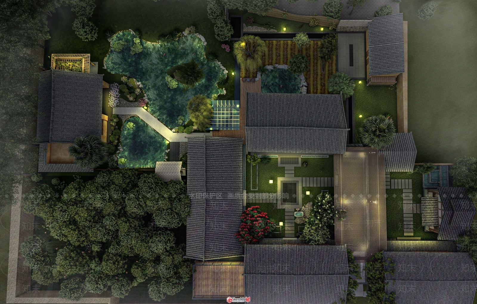 中式民宿建筑SU模型精品下载_SketchUp模型_知末网