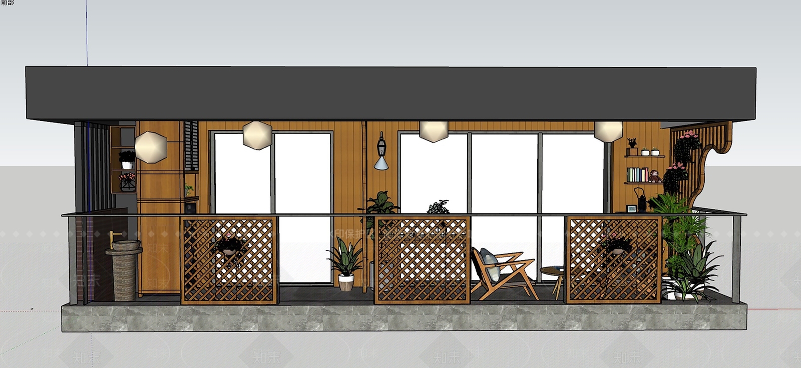 新中式家居阳台SU模型下载【ID:1102752739】
