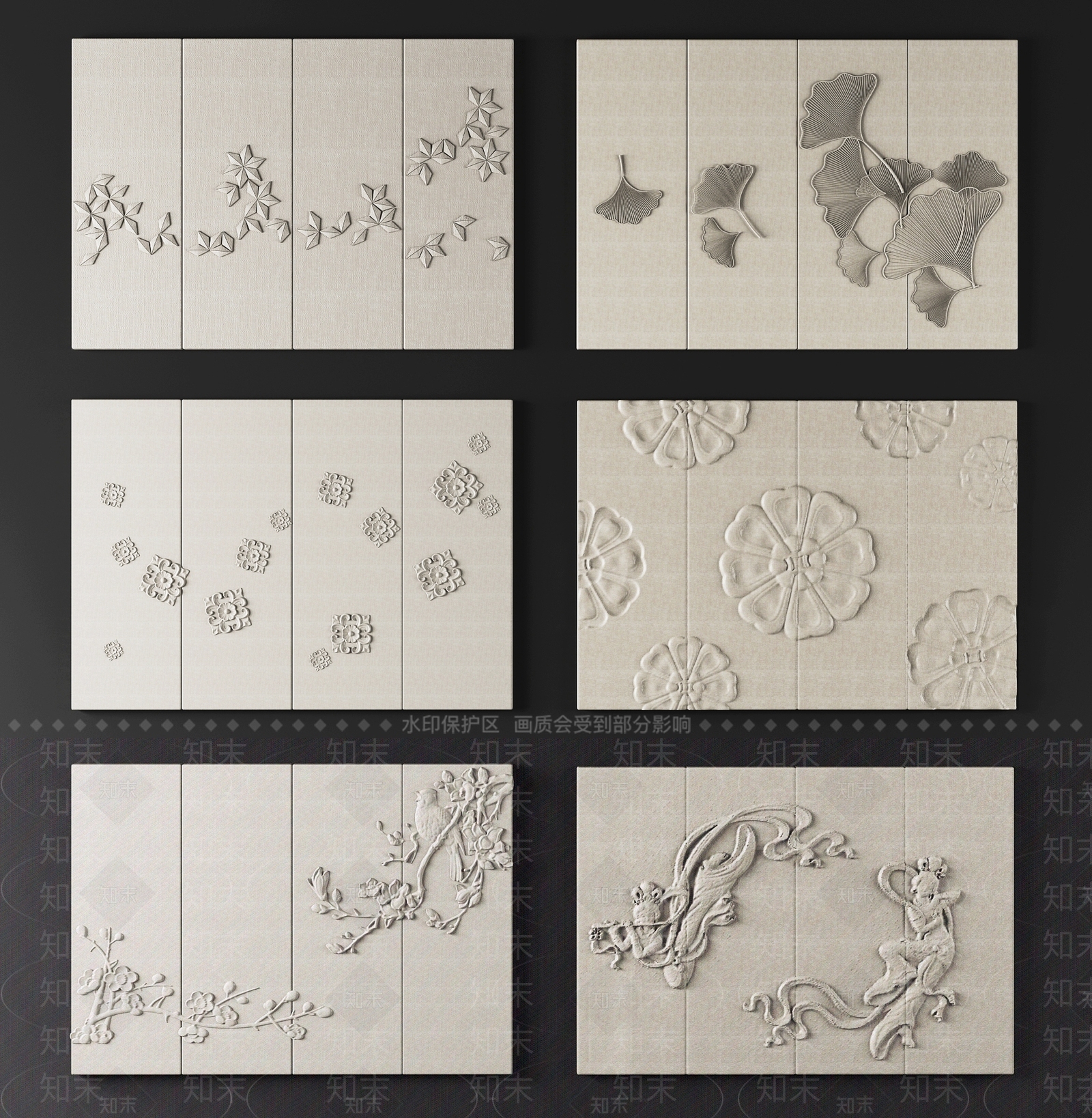 新中式浮雕背景墙3D模型下载【ID:1102909724】