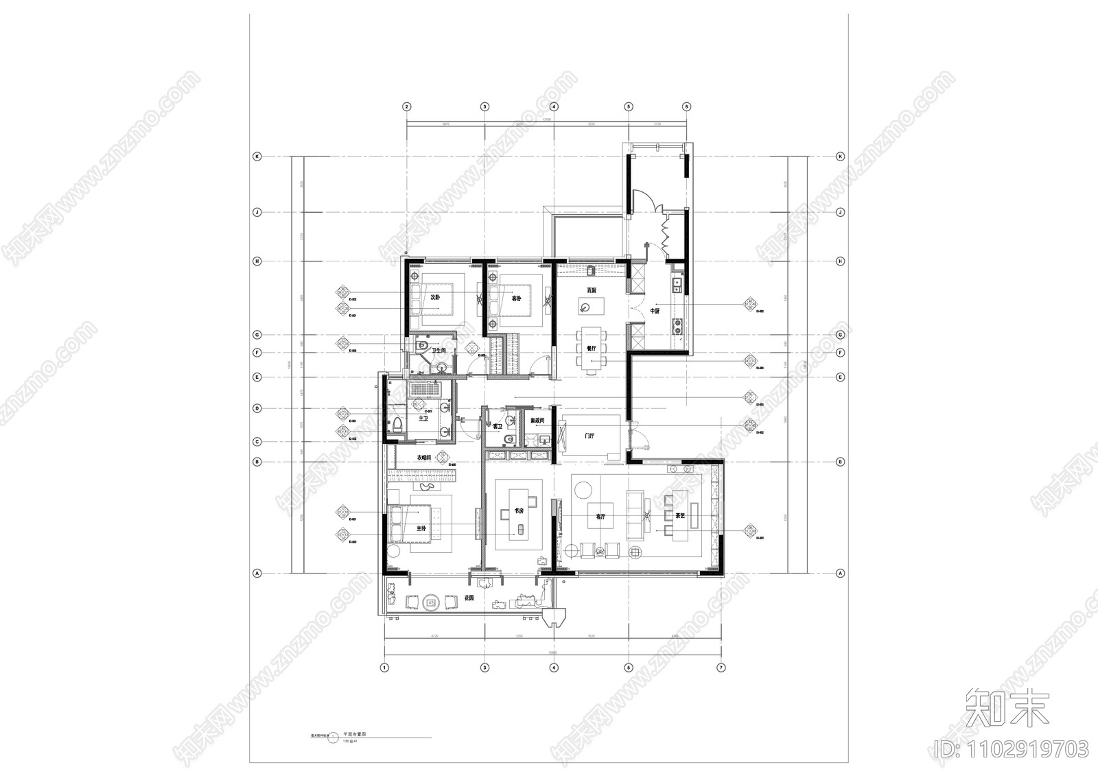 新中式大平层效果图cad施工图下载【ID:1102919703】