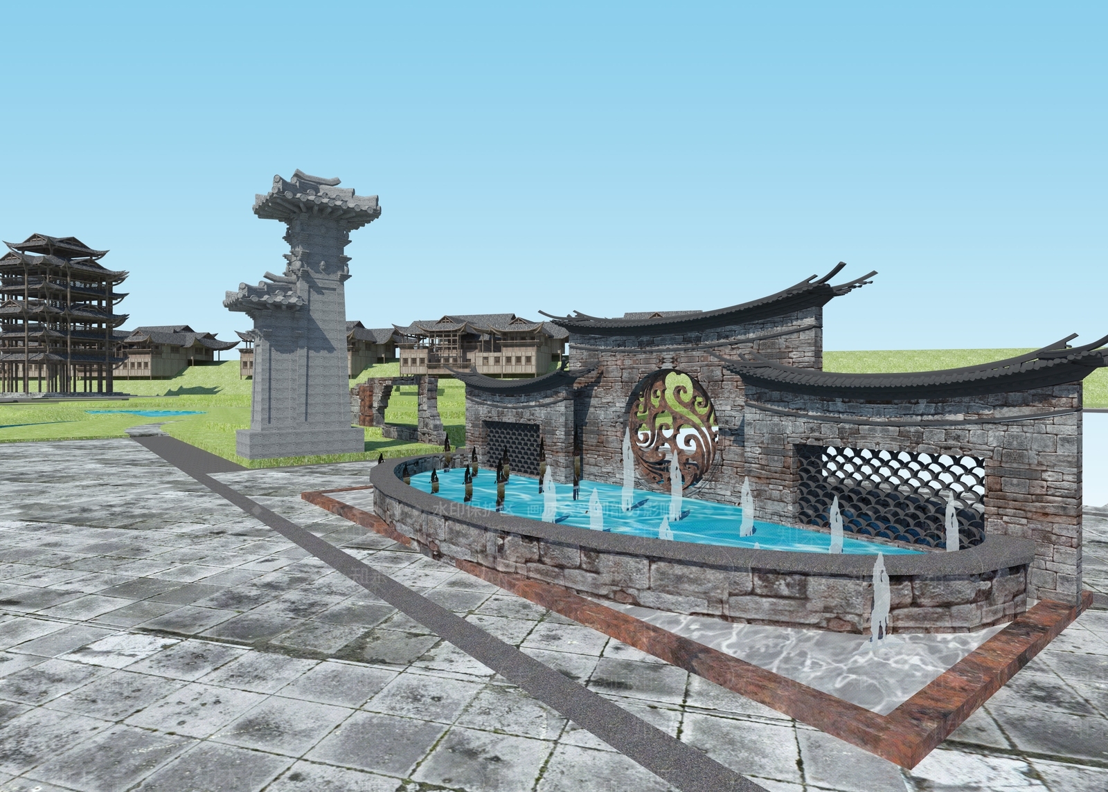 中式遗址公园SU模型下载【ID:1103069471】