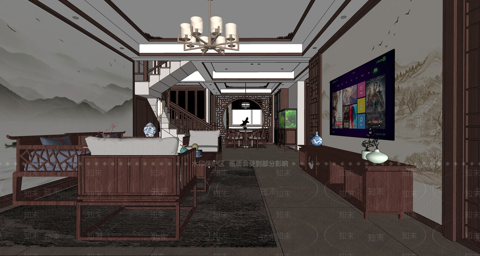 中式家居客厅SU模型下载【ID:1103169638】
