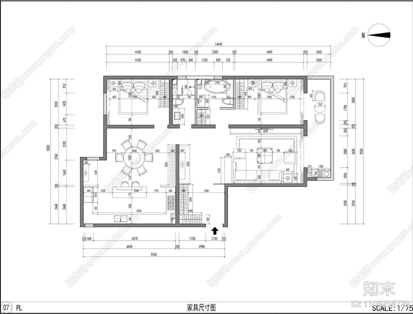 现代新中式风格独栋别墅cad施工图下载【ID:1103258729】