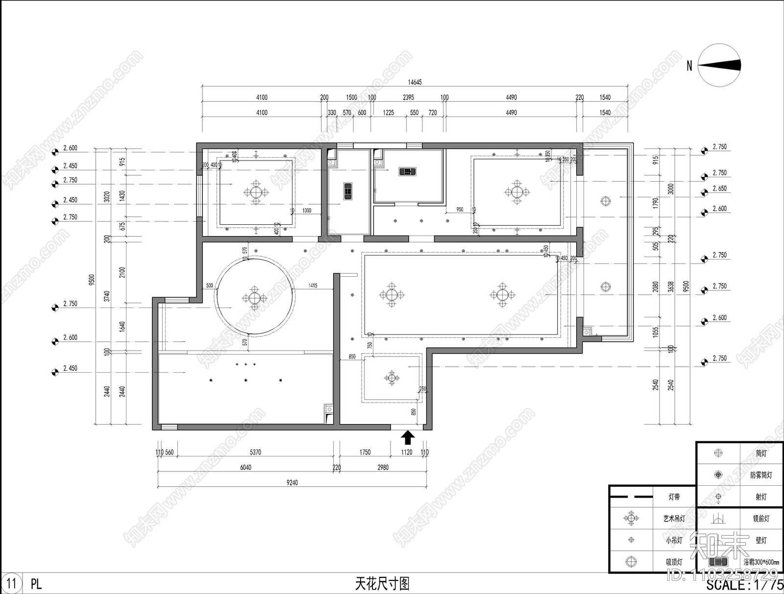 现代新中式风格独栋别墅cad施工图下载【ID:1103258729】