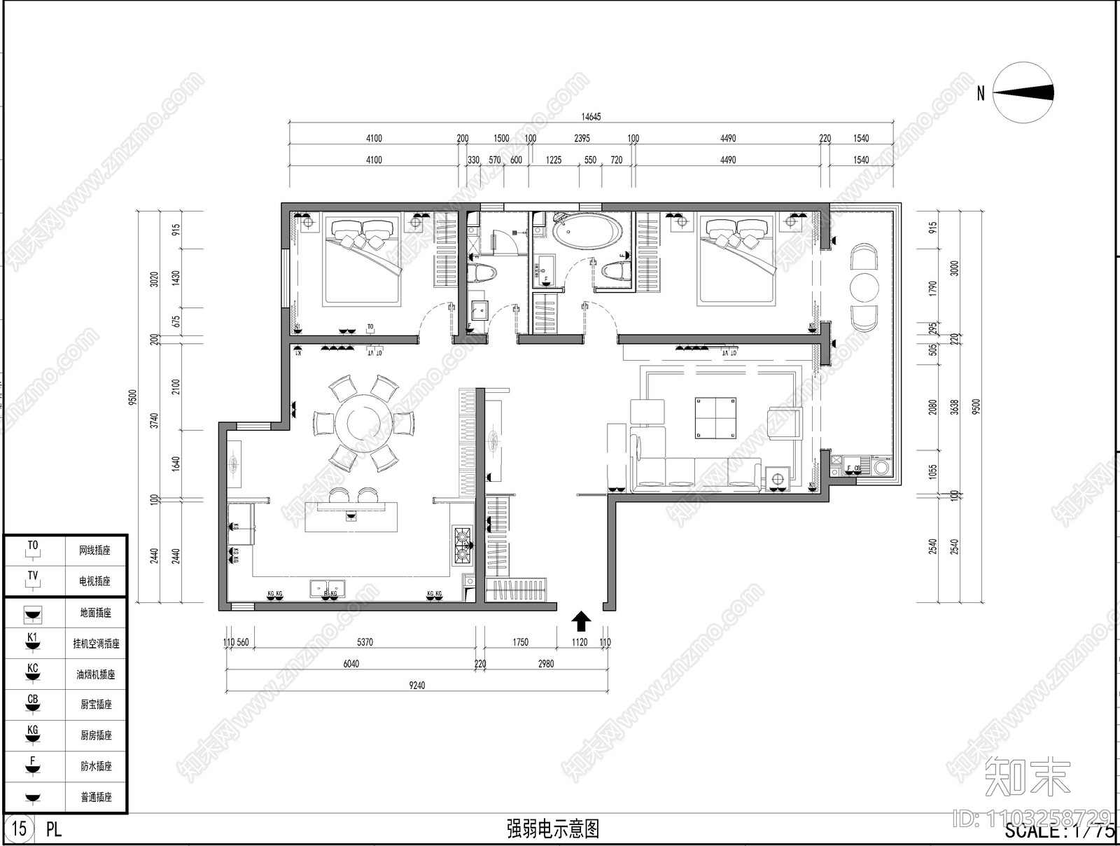 现代新中式风格独栋别墅cad施工图下载【ID:1103258729】