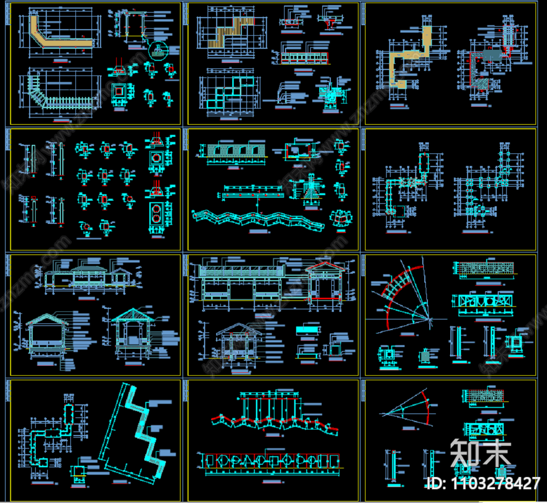园林景观廊架cad施工图下载【ID:1103278427】