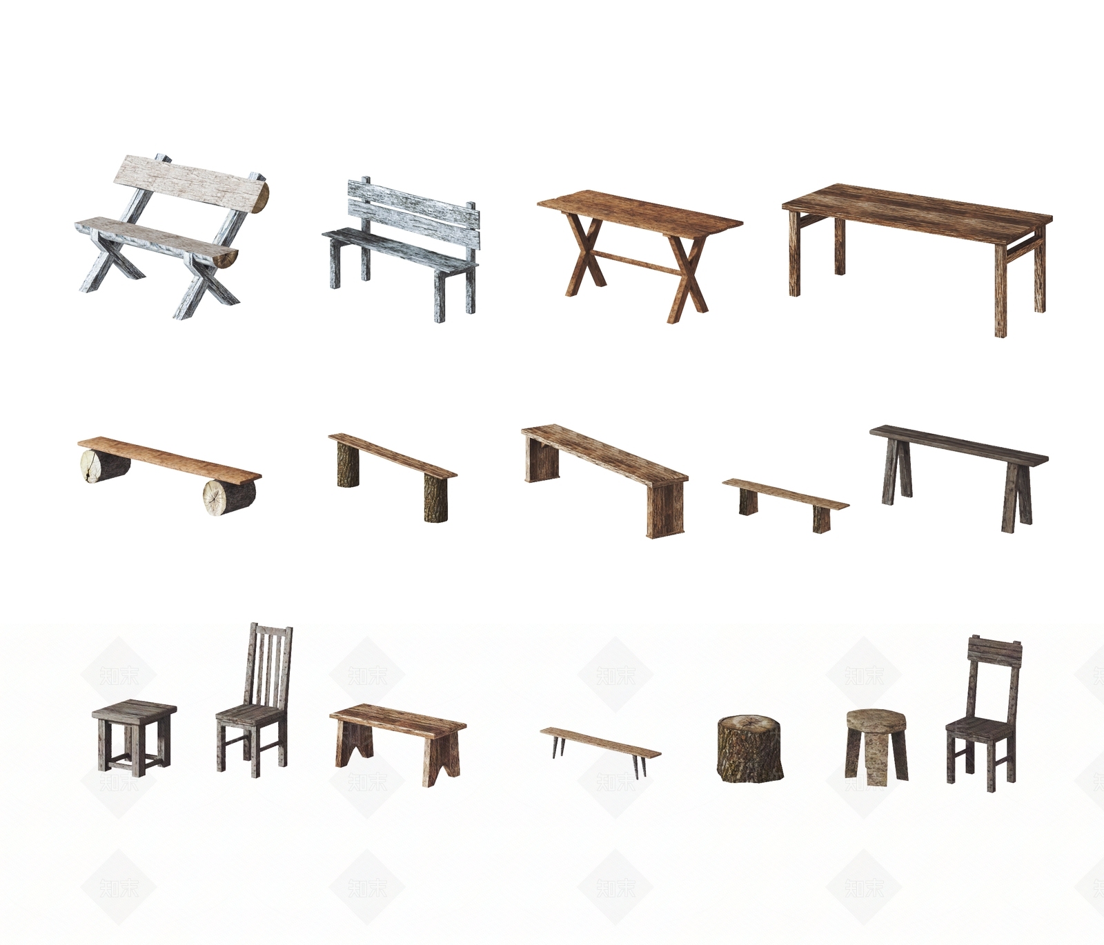 现代园艺木头凳子3D模型下载【ID:1103283243】