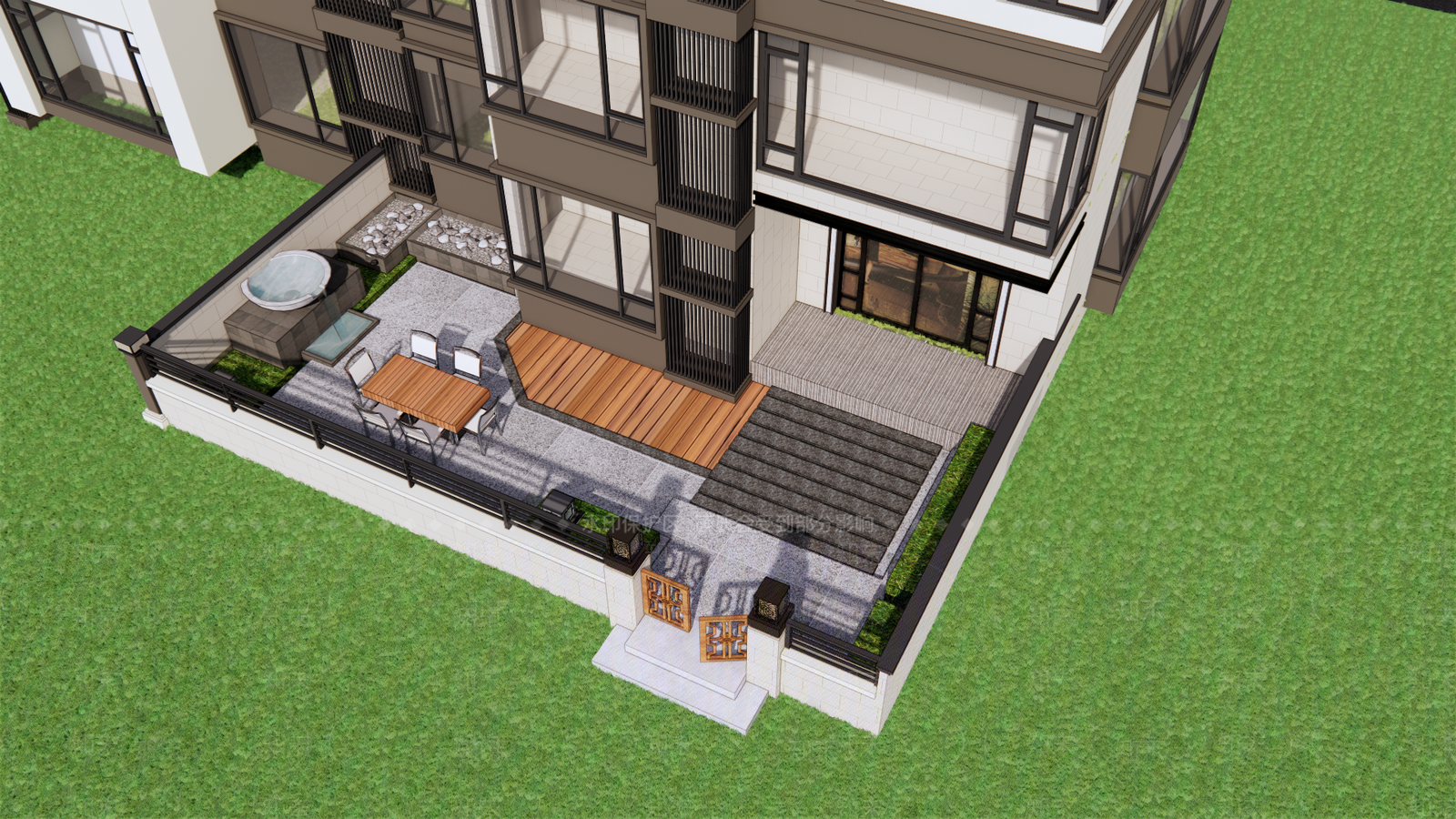 现代住宅首层花园庭院SU模型下载【ID:1103298152】