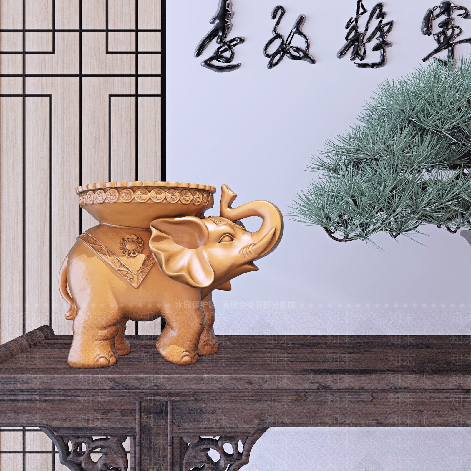 中式福盘大象陈设摆件3D模型下载【ID:1103391902】