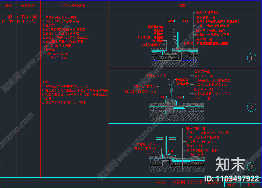 淋浴间内下水槽工艺做法剖面节点详图施工图下载【ID:1103497922】
