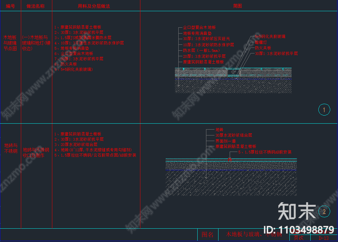 木地板与玻璃和地灯cad施工图下载【ID:1103498879】