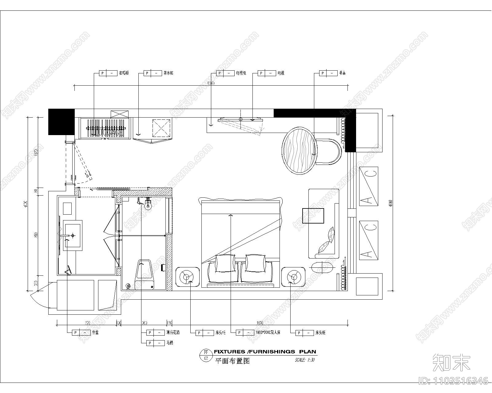 酒店单间样板房施工图施工图下载【ID:1103516346】