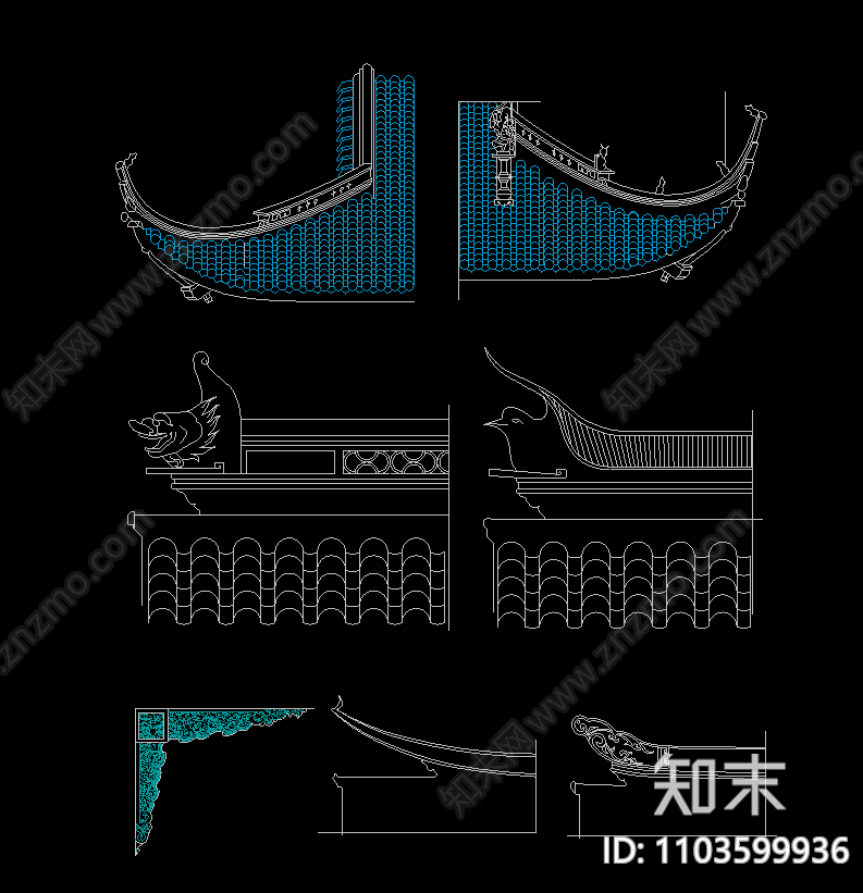 仿古建筑组件中式构件节点古建筑门窗护栏斗拱檐口施工图下载【ID:1103599936】