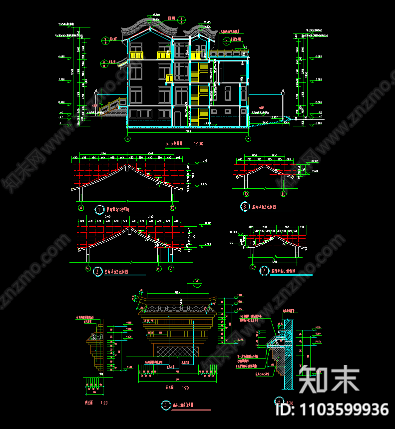 仿古建筑组件中式构件节点古建筑门窗护栏斗拱檐口施工图下载【ID:1103599936】