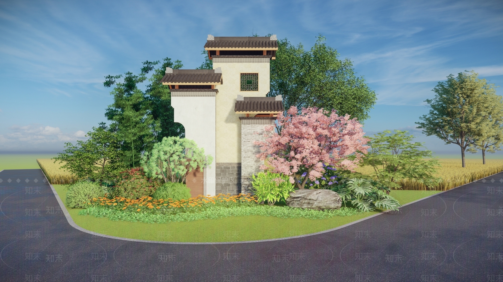 新中式乡村景墙SU模型下载【ID:1103609856】
