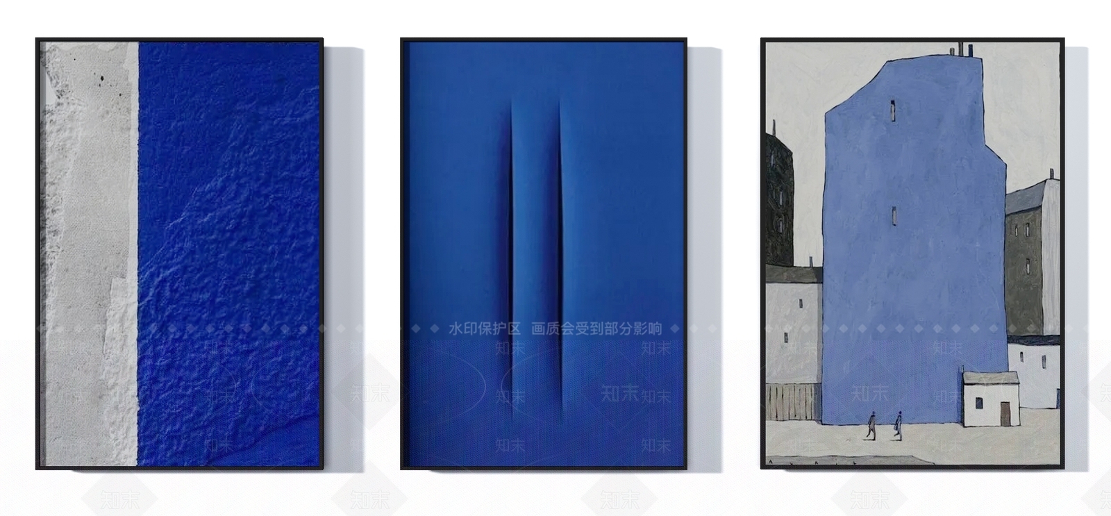 现代高级莫兰迪深蓝色抽象三拼画3d模型下载