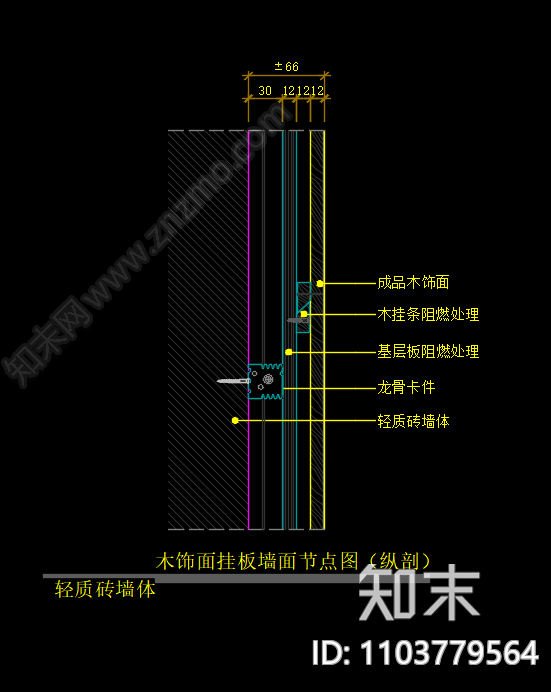 木饰面挂板墙面节点图cad施工图下载【ID:1103779564】