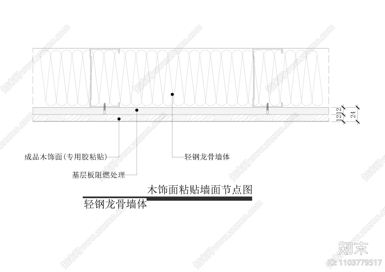 木饰面粘贴墙面节点图cad施工图下载【ID:1103779517】