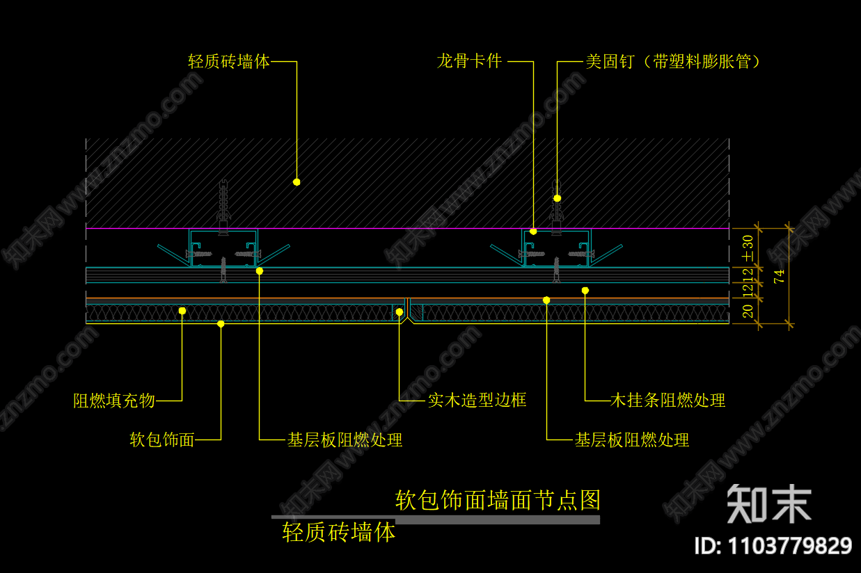 软包饰面墙面节点图施工图下载【ID:1103779829】
