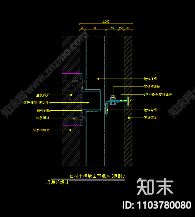 石材干挂墙面节点图cad施工图下载【ID:1103780080】