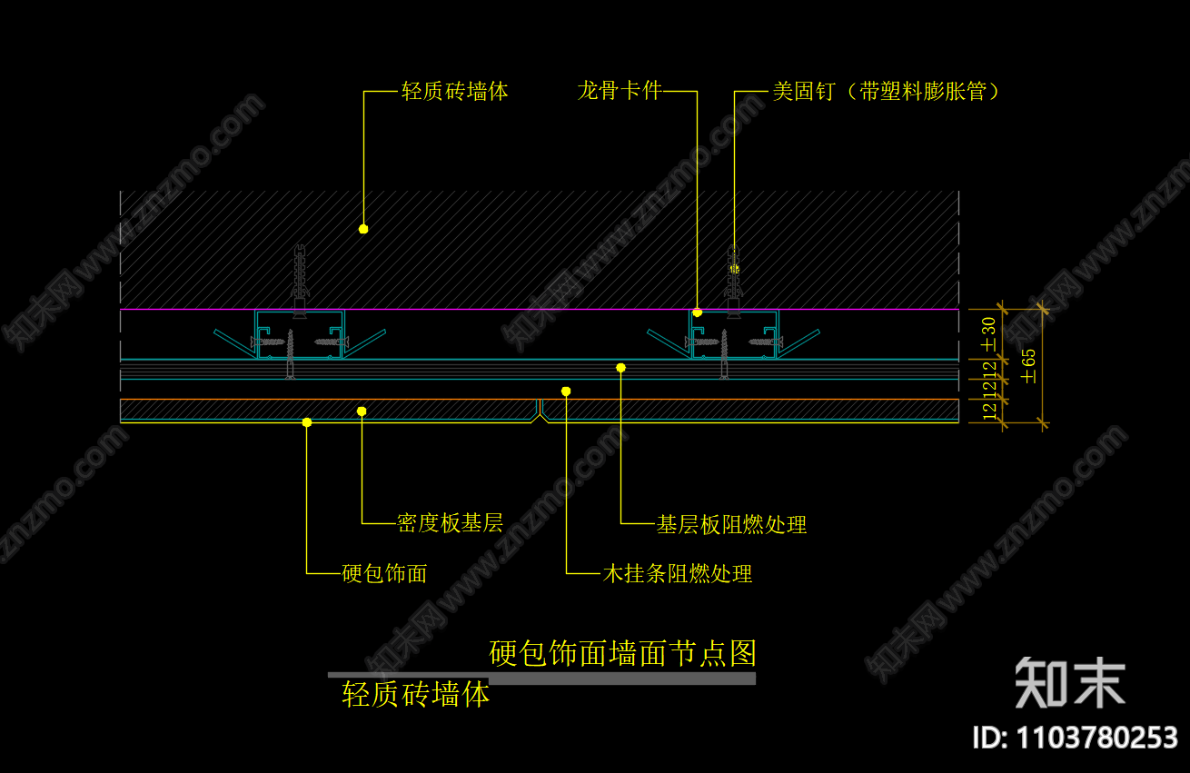 硬包饰面墙面节点图cad施工图下载【ID:1103780253】