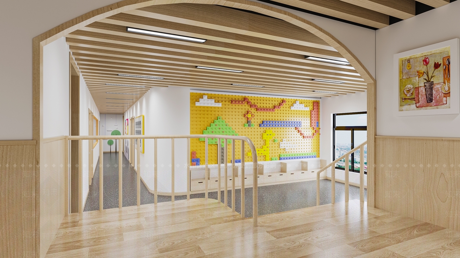 现代培训机构乐高墙大厅3D模型下载【ID:1103789326】