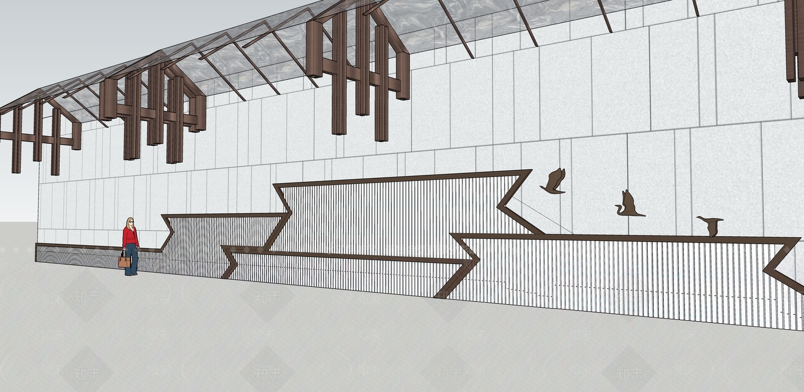 新中式飞鸟山水景墙围墙SU模型下载【ID:1103997920】