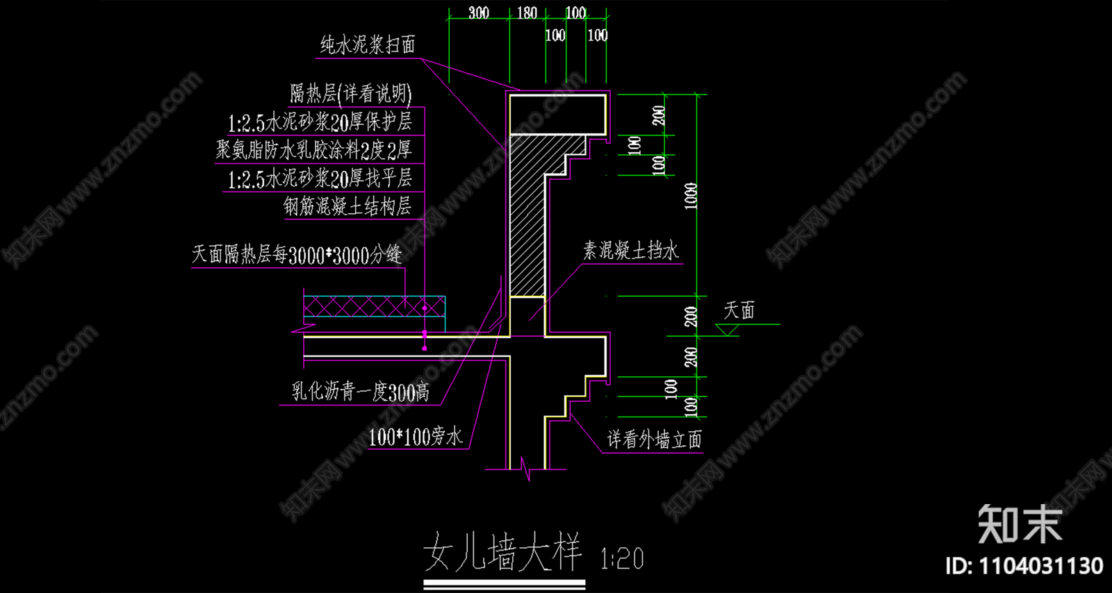 女儿墙详图cad施工图下载【ID:1104031130】