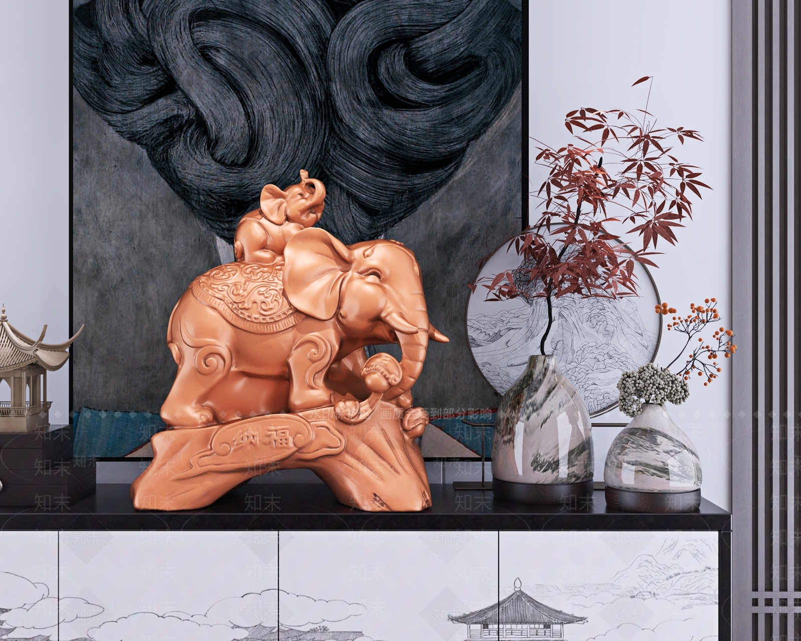 新中式大象背小象摆件3D模型下载【ID:1104046364】