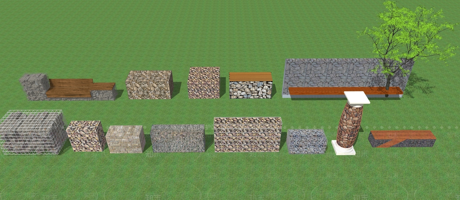 现代石笼石墙组合SU模型下载【ID:1104216783】