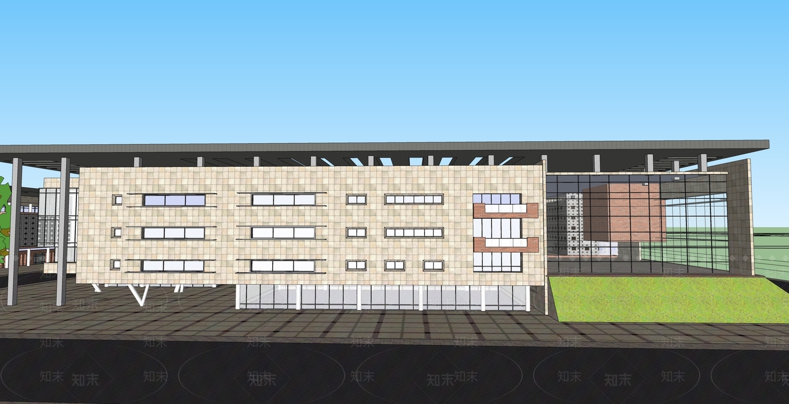 现代图书馆建筑SU模型下载【ID:1104220255】