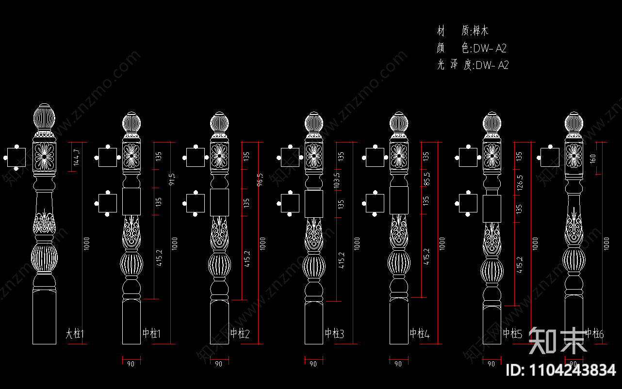 楼梯扶手立柱柱头cad图库施工图下载【ID:1104243834】