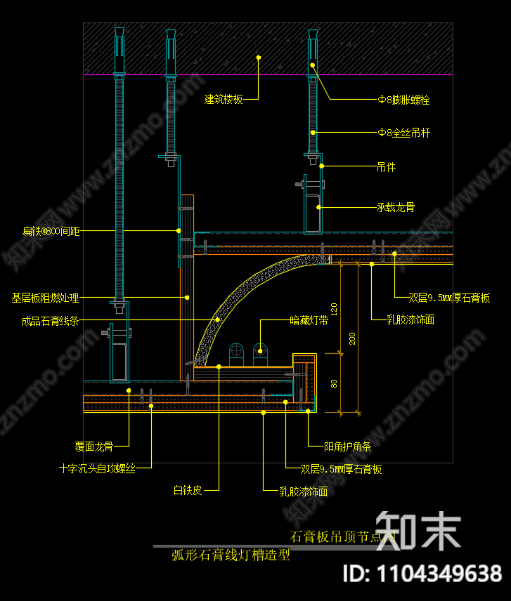 石膏板吊顶节点图cad施工图下载【ID:1104349638】