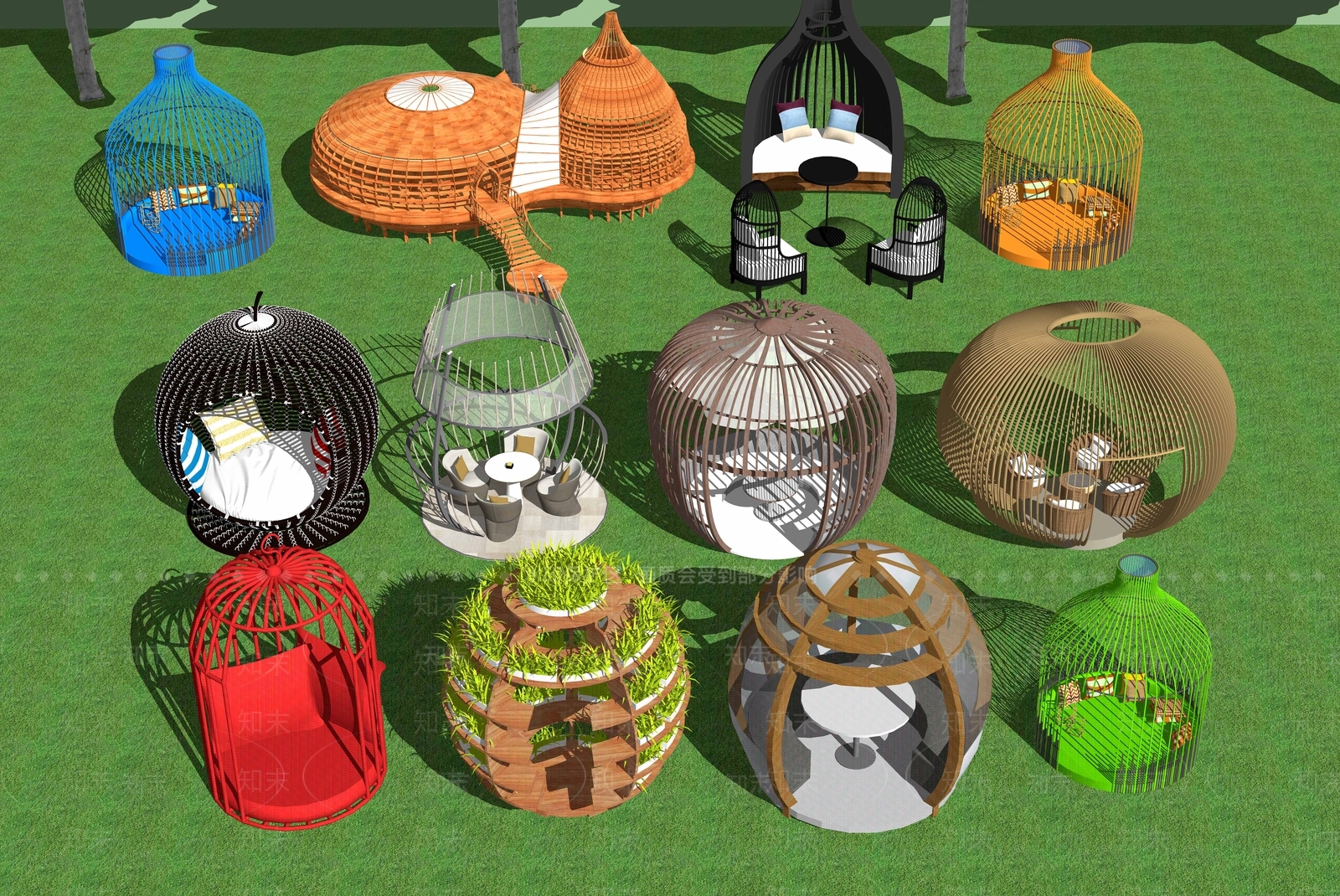 新中式鸟笼廊架SU模型下载【ID:1104279806】