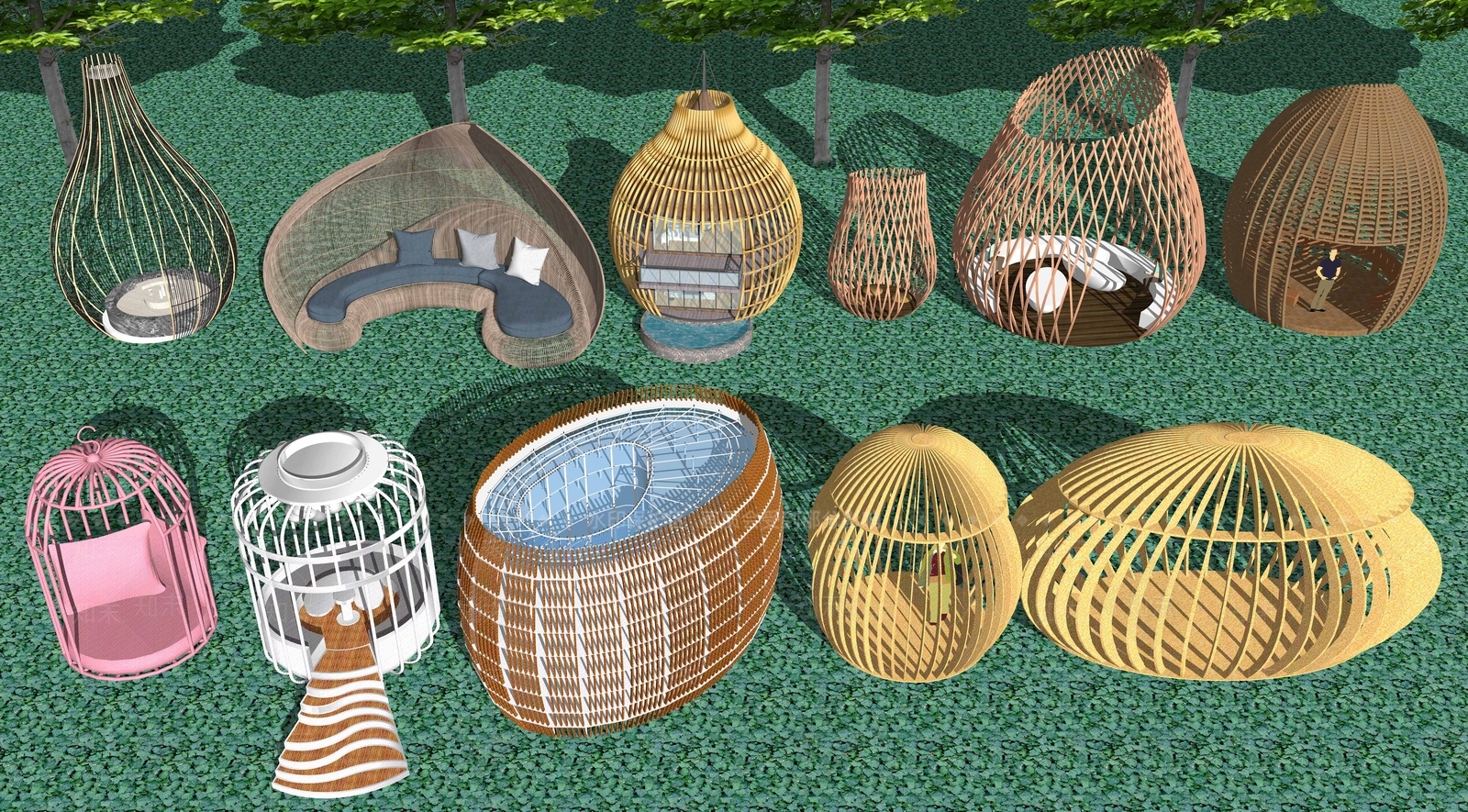 新中式鸟笼廊架SU模型下载【ID:1104279980】