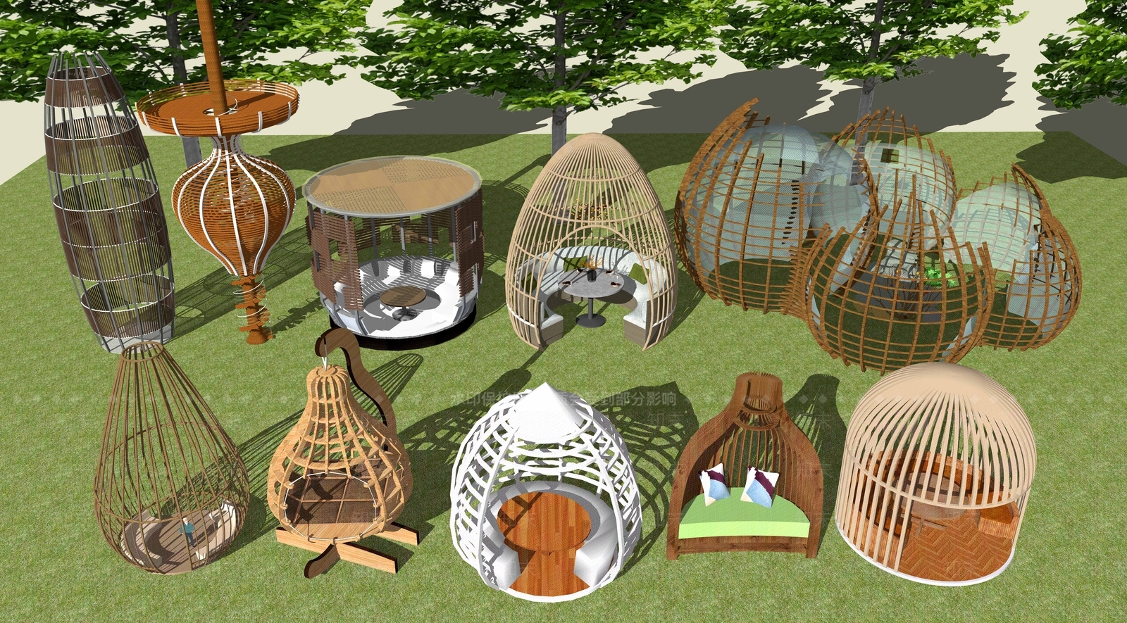 新中式鸟笼廊架SU模型下载【ID:1104279926】