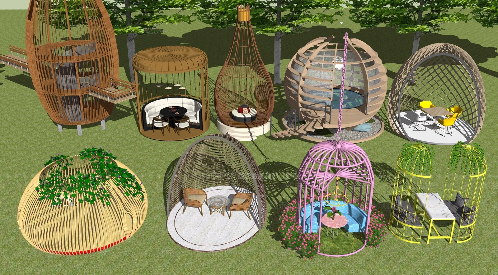 现代鸟笼廊架SU模型下载【ID:1104280061】