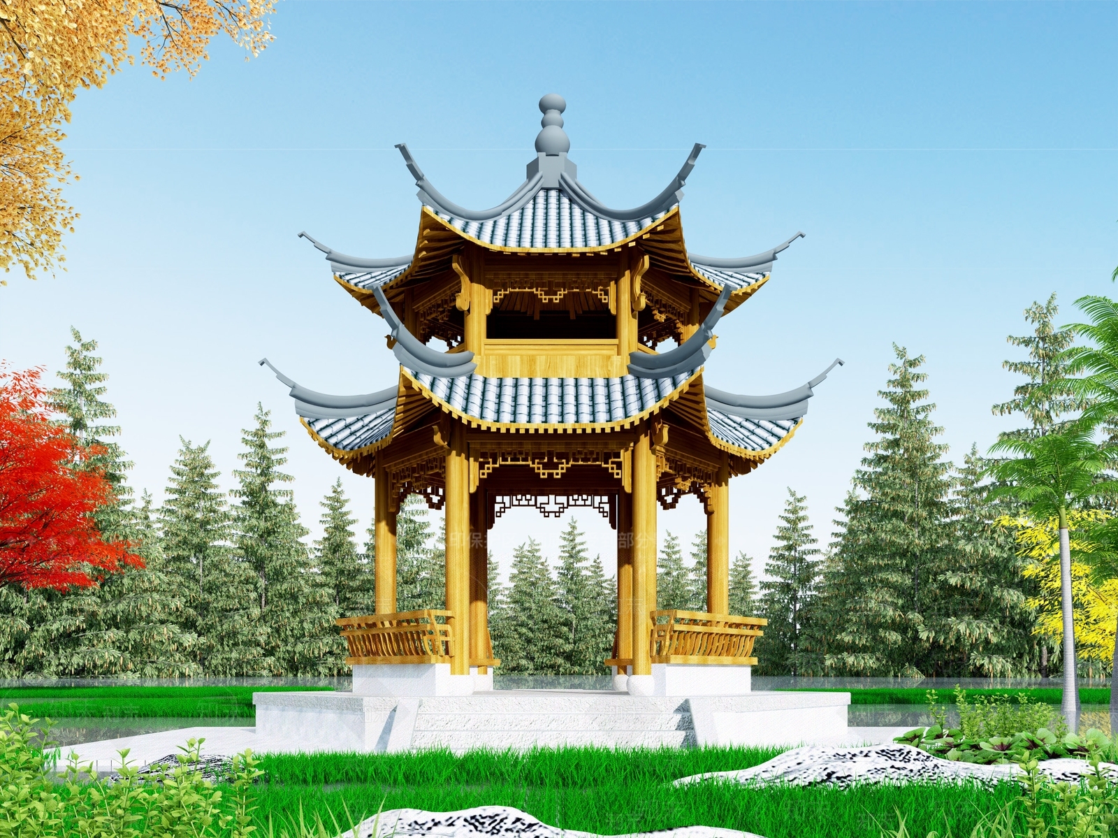 中式亭子3D模型下载【ID:1104348732】